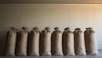 A row of large grain sacks crafted from weathered jute fabric, evoking rustic charm and capturing the essence of a traditional harvest scene. photo