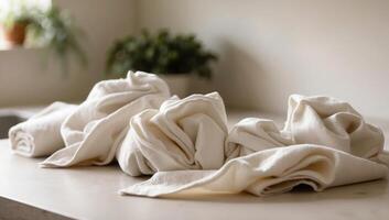 White cloth towels and napkins, crumpled and folded, eco-friendly alternative to disposable paper products, natural fabrics photo