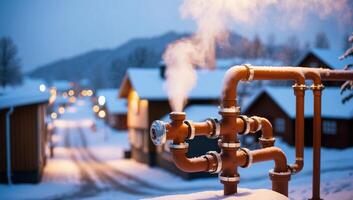 Snow covered winter scene of a cold climate town, biomass powered district heating system, local wood waste, metal pipes and wisps of steam photo
