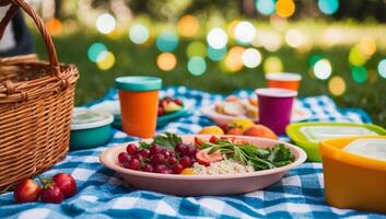 Plastic free picnic, reusable utensils, containers, importance of reducing plastic waste, steel lunch box photo