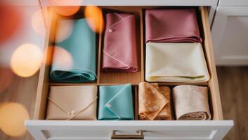 Organized kitchen drawer reduce single-use plastic waste, calm and organization, silicone bags and beeswax wraps. photo
