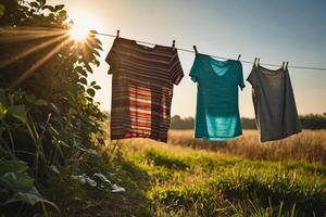 Clothes hanging on a line under the sun, air-drying naturally and saving energy compared to using a dryer photo