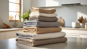 Stack of soft, absorbent cloth towels and napkins, eco-friendliness and sustainability by replacing disposable paper products, neutral earthy tones photo