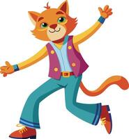 A dancing cat in bell-bottom pants, platform shoes, and a colorful vest vector