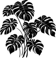 Monstera deliciosa silhouette icon displaying dramatic, glossy split leaves casting striking tropical shadow crisp white surface vector