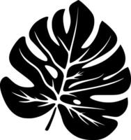 Dark tropical logo leaf monstera silhouette creating a jungle feeling, ideal for exotic icon element backgrounds, pattern, or nature inspired designs vector