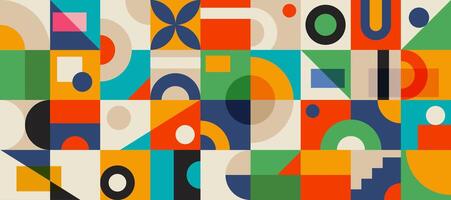 Geometric patterns with abstract shapes and forms. Retro banner, decorative art, colorful square tiles. illustration. vector