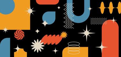 Abstract geometric banner with shapes and forms. Brutal contemporary figures, stars, ovals, flowers and other graphic design elements. Swiss design aesthetic, Y2K illustrations. vector