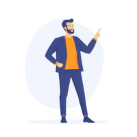 A confident businessman in a suit pointing and presenting an idea with enthusiasm. png
