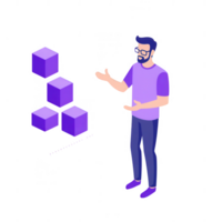 A man explaining business concepts with 3D blocks in a modern design. png