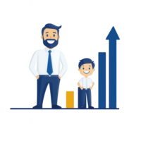 A man and a boy standing next to a bar chart representing growth and success. png