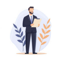 A professional man analyzing data on a clipboard with a calm background. png