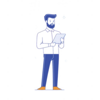 A professional man engaged in work, holding a tablet with a focused expression. png