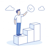 A man standing on steps, marking progress with a checkmark graphic above. png