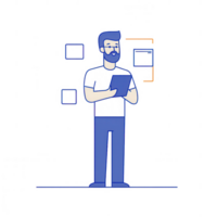 A man using a tablet while surrounded by digital elements and grids. png