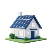 A modern house with solar panels and a green garden, symbolizing sustainable living. png