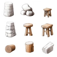 Collection of hand-drawn stools and stone blocks in various designs and styles. png