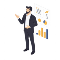 Businessman presenting data insights with charts and graphs in a professional setting. png