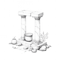 Ancient stone structure with columns, a pot, and plants in a serene setting. png
