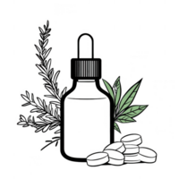 Herbal dropper bottle surrounded by various plant leaves and stones for relaxation. png