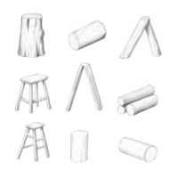 Hand-drawn wooden objects, including stools and logs, for creative design projects. png