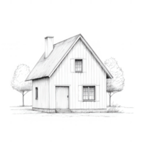 Illustration of a charming white house surrounded by trees in a tranquil setting. png