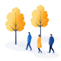 People walking through a snowy path surrounded by vibrant autumn trees. png