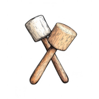 Two wooden mallets crossed, showcasing craftsmanship and leisure tools for various tasks. png