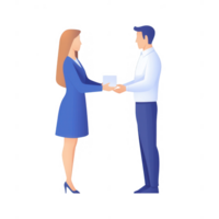 Two professionals exchanging a package, symbolizing collaboration and teamwork. png