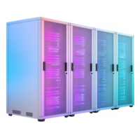 Modern network server racks with colorful LED lights for data storage solutions. png