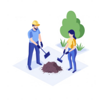 Two people collaborating on gardening tasks in an outdoor setting, promoting teamwork. png