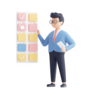 A businessman analyzing tasks with a colorful checklist for productivity. png