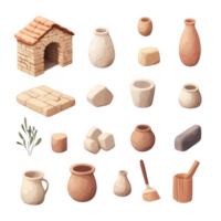 A collection of ancient pottery and a small stone house, showcasing traditional craftsmanship. png