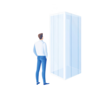A man observing a modern, transparent display in a professional setting. png