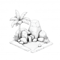 A serene illustration of rocks and a palm tree with a gentle waterfall in a peaceful setting. png