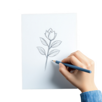 A hand sketching a flower design on a blank sheet of paper with a colored pencil. png
