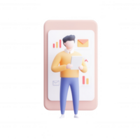 A modern illustration of a person analyzing data on a smartphone device. png
