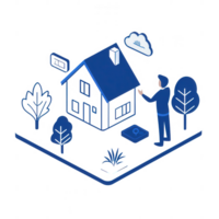 A person interacting with a smart house design surrounded by trees and elements of nature. png