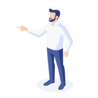 A professional man gesturing while discussing a project in a modern workspace. png