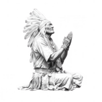 A statue of a Native American chief in a prayerful pose, symbolizing tradition. png