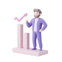 Animated character presenting a business growth chart and data analysis. png