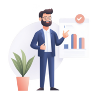Businessman presenting data in a professional setting with charts and greenery. png