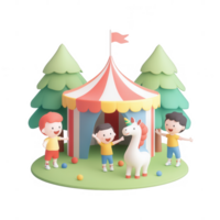Children joyfully playing in a colorful tent with a unicorn in a lively forest setting. png