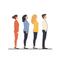 Four diverse people standing in line, showcasing unity and variety in a minimalist style. png