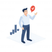 Professional man delivering a presentation with a speech bubble and graphs. png