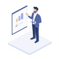 Professional man presenting a data analysis on a digital screen in a sleek environment. png