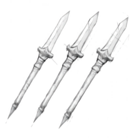 Set of three elegant silver spears with intricate designs and sharp tips. png