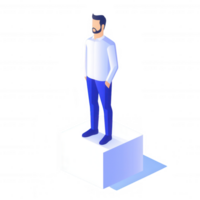 Stylized illustration of a confident man standing on a platform with a thoughtful expression. png