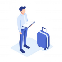 Traveler reading a guidebook while holding a suitcase in preparation for a trip. png