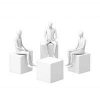 Three abstract figures engaged in a discussion around a cube-shaped table. png